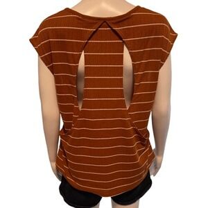 Venus M Rust Ribbed Striped Cap Sleeve Top Open Back Cutout Lightweight Boho